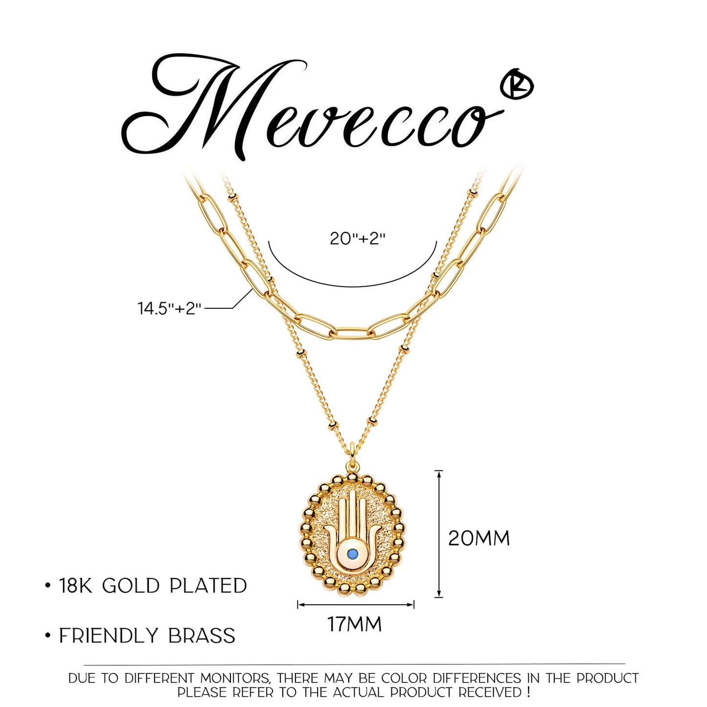 MEVECCO Gold Layered Choker Necklace for Women, 18K Gold Plated Dainty Oval Hamsa Pendant Minimalist Paperclip Double Layer Necklace for Jewelry