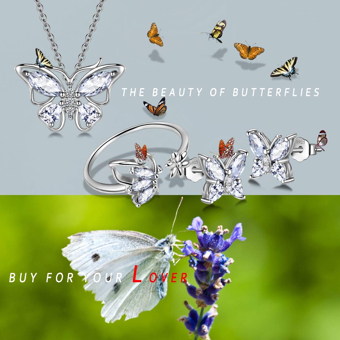 Hipunk Butterfly White Jewelry Sets Birthstone Women 925 Sterling Silver April-Diamond Birth Stone Animal Butterflies Jewelry Sets/Earring/Ring Set Crystal Birthday Jewelry SS0002W