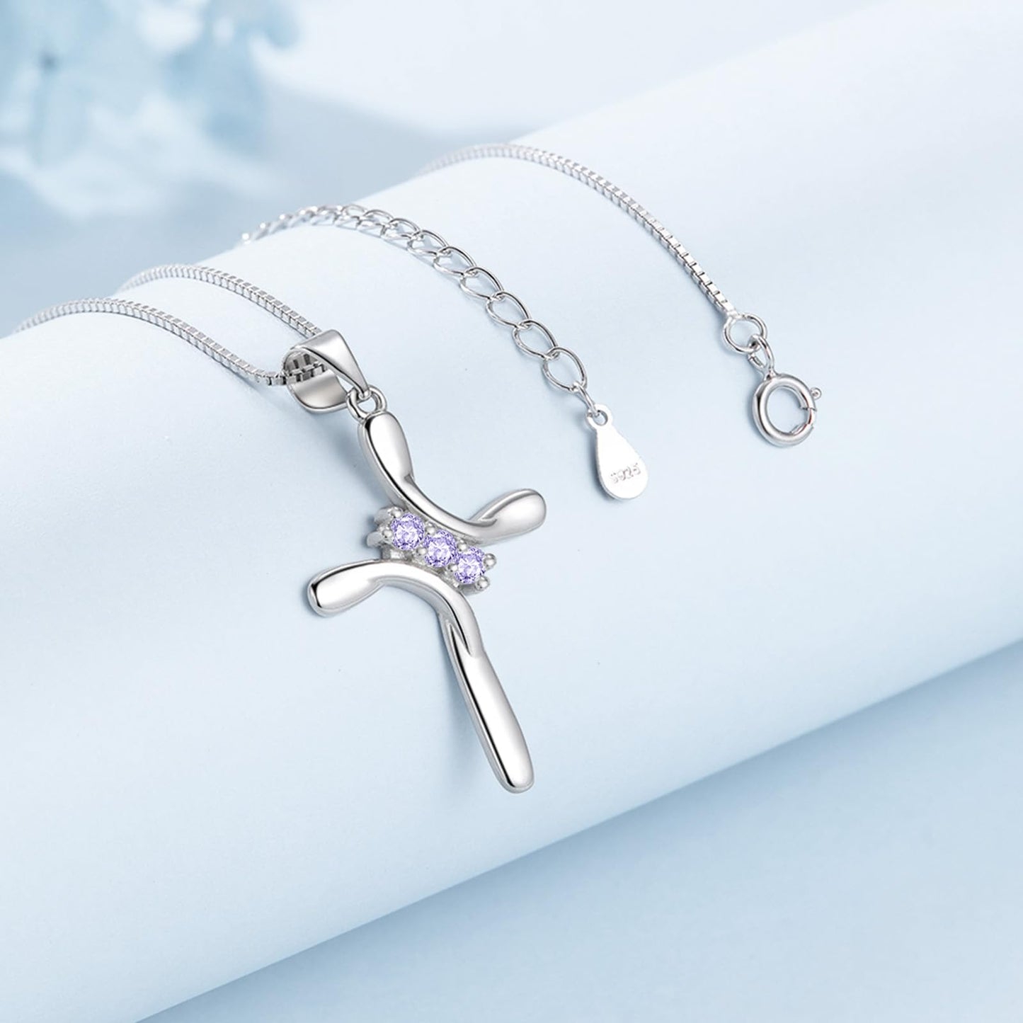 EVERU S925 Sterling Silver Cross Necklace for Women Birthstone Necklace with Cubic Zirconia 18K Gold Plated Cross Pendant Jewelry Ideal Gift Light Purple Alexandrite June
