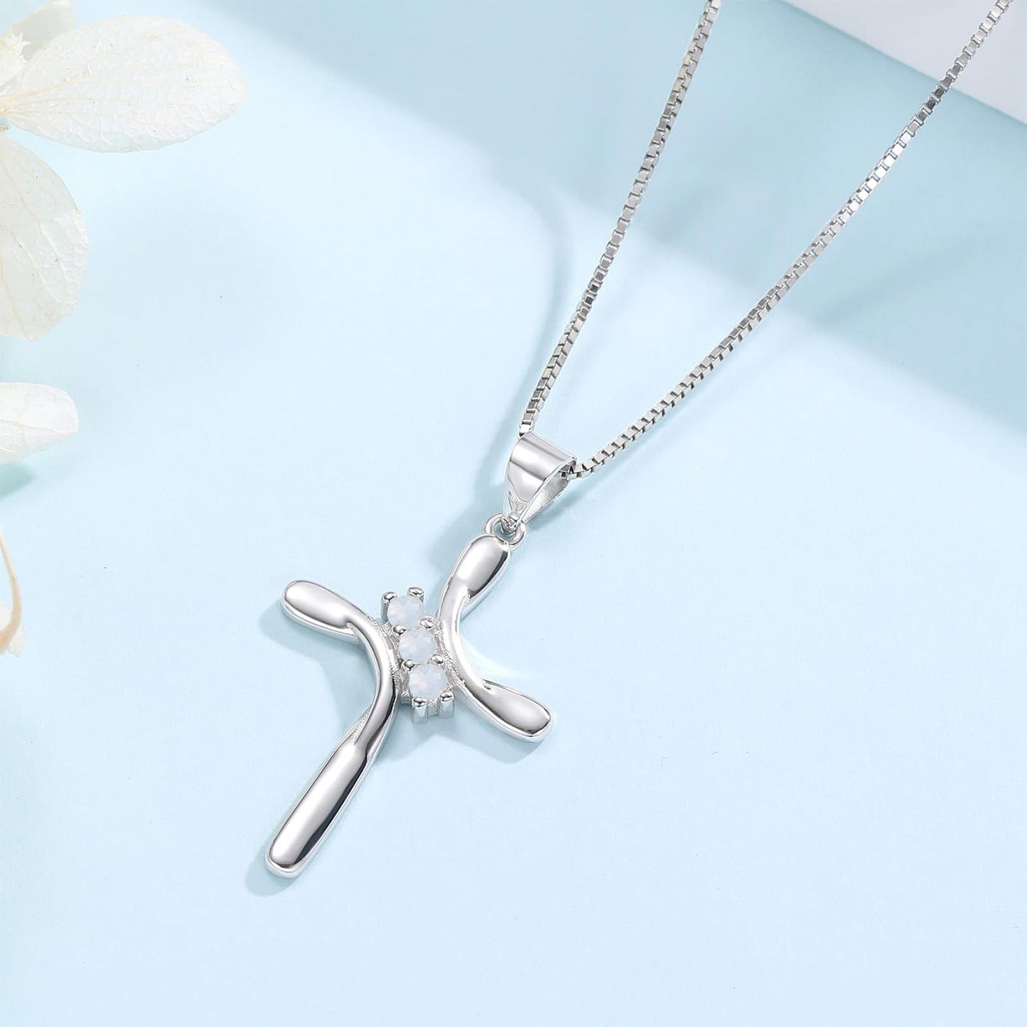 EVERU 925 Sterling Silver Cross Necklace for Women March Birthstone Necklace with Cubic Zirconia Aquamarine Cross Pendant Blue Jewelry Ideal Gift