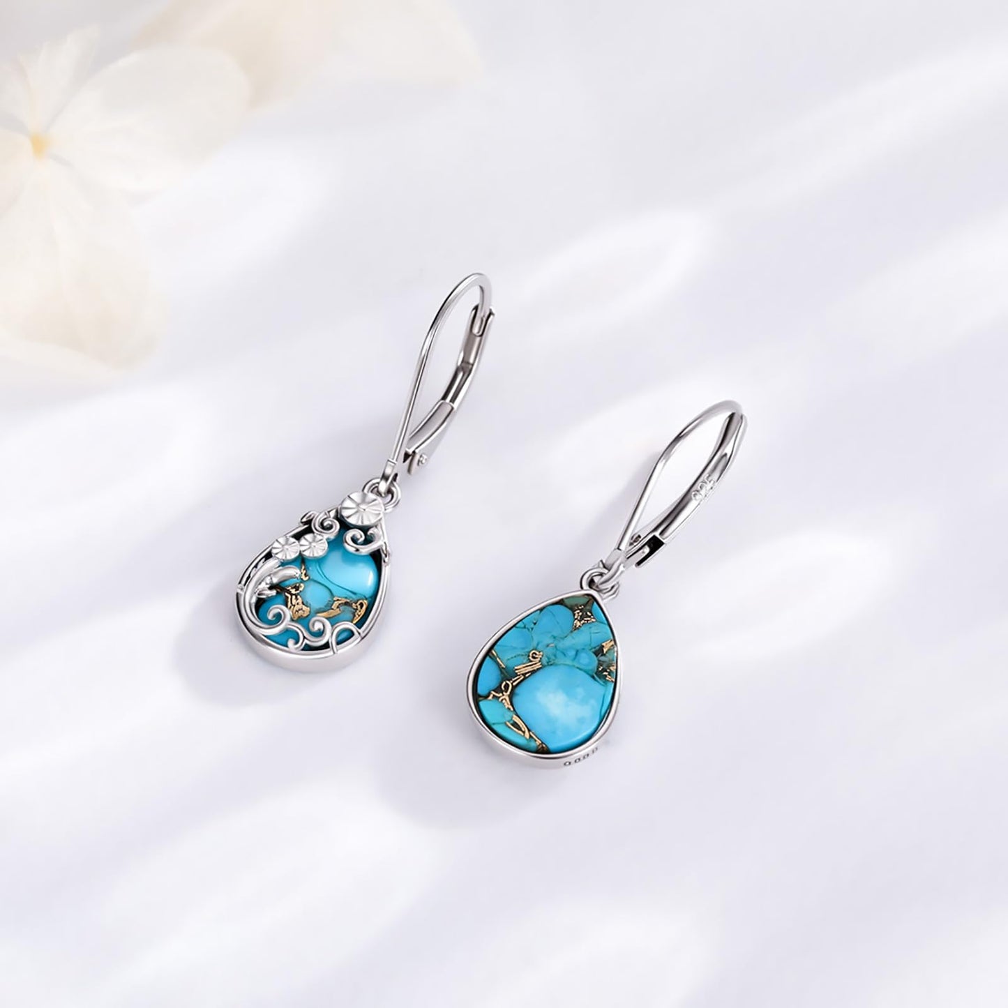 Eetaitai Natural Turquoise Earrings 925 Sterling Silver Pear Leverback Turquoise Earrings Blue Vintage Native American Western Jewelry Women Flower Dangling Earring Mothers Day Gifts for Mom Wife Sister