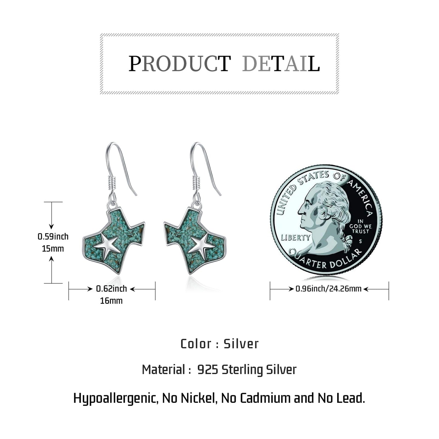 KoyeKei Texas Earrings Gifts for Women 925 Sterling Silver Turquoise Texas State Map Flag Dangle Drop Earrings Jewelry Texas Souvenirs Gift for Star TX Wife
