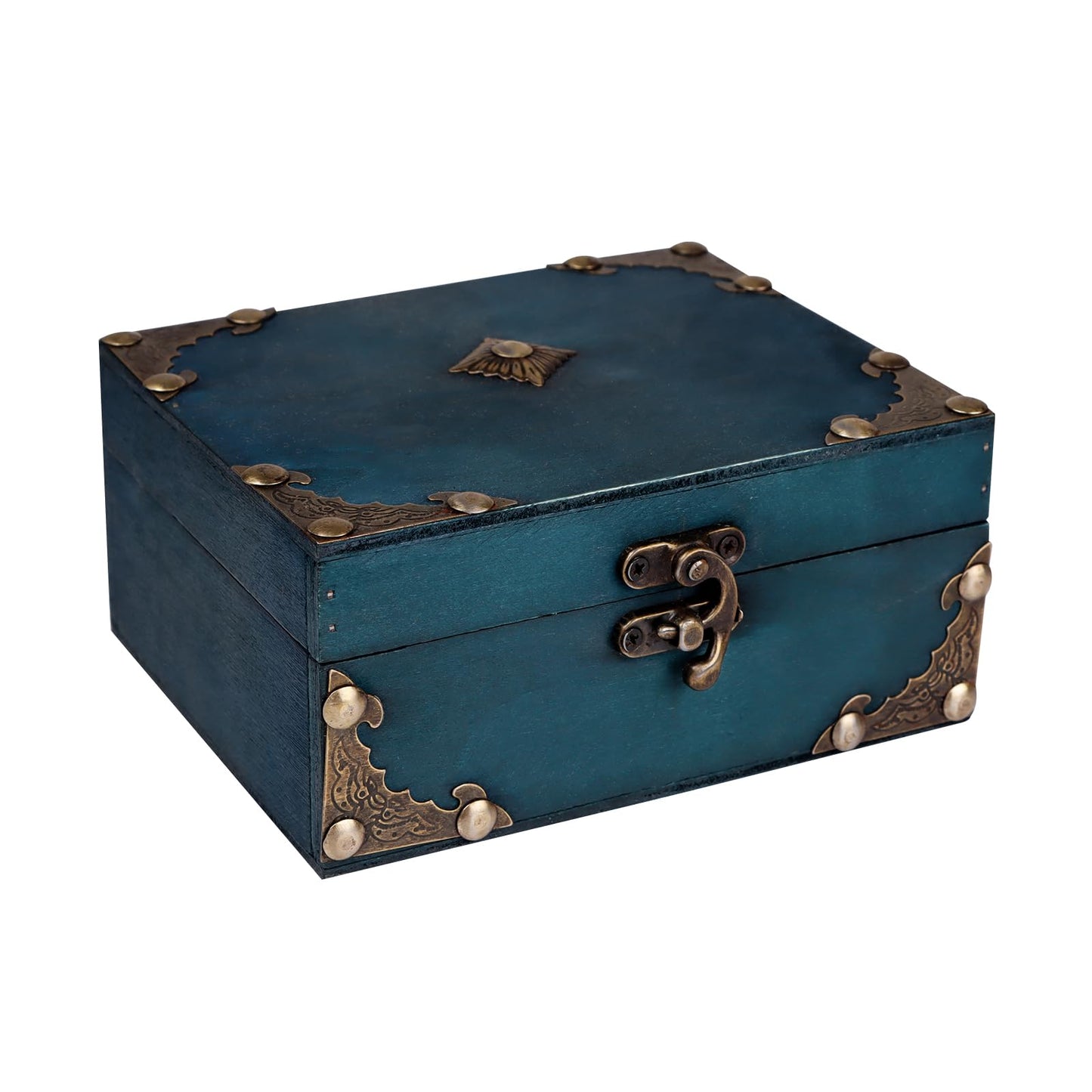 WaaHome Wood Treasure Box 5.5'' Small Decorative Teal Pirate Treasure Chest Jewelry Keepsakes Box for Kids Girls Boys Women Gifts Home Decor