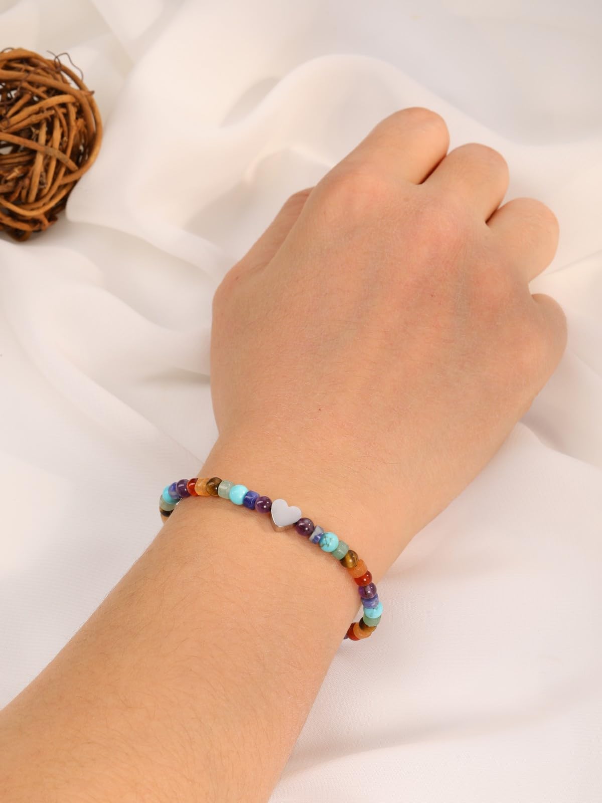 Top Plaza Chakra Bracelets for Women Heart Charm 4mm Natural Healing Gemstone Yoga Meditation Bracelet Handmade Beaded Spiritual Bracelet Adjustable Jewelry Mothers Day Gifts
