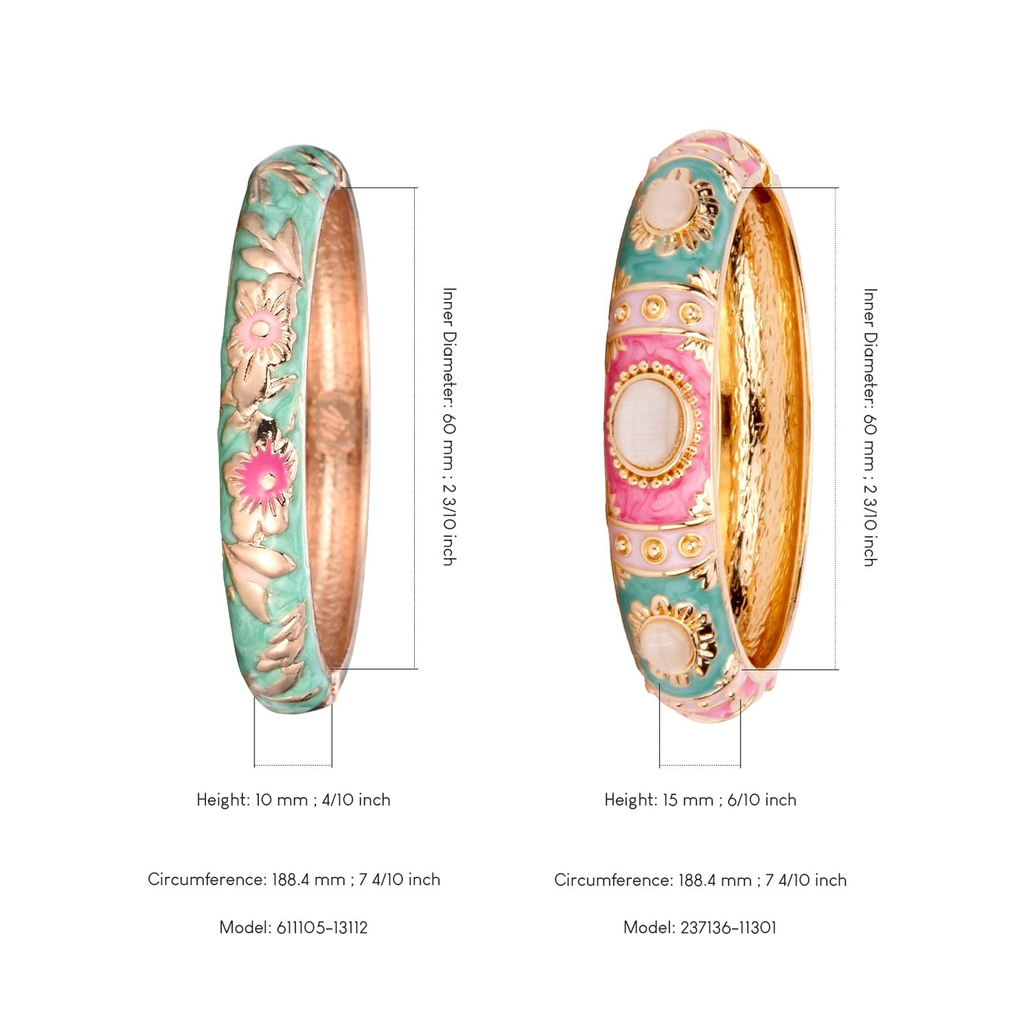 UJOY Vintage Cloisonne Jewelry Bracelet Gold Plated Handmade Bead Rhinestones Enamel Spring Cuff Bangles 2 Pcs Set for Womens Gift 7735-55A103 Pink Green
