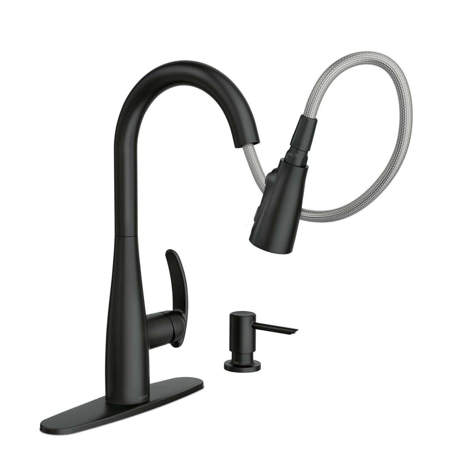 Moen Reyes Matte Black Pulldown Kitchen Faucet with Soap Dispenser and Power Boost, Transitional Kitchen Faucet, One-Handle High Arc, Easy Installation, 87932BL