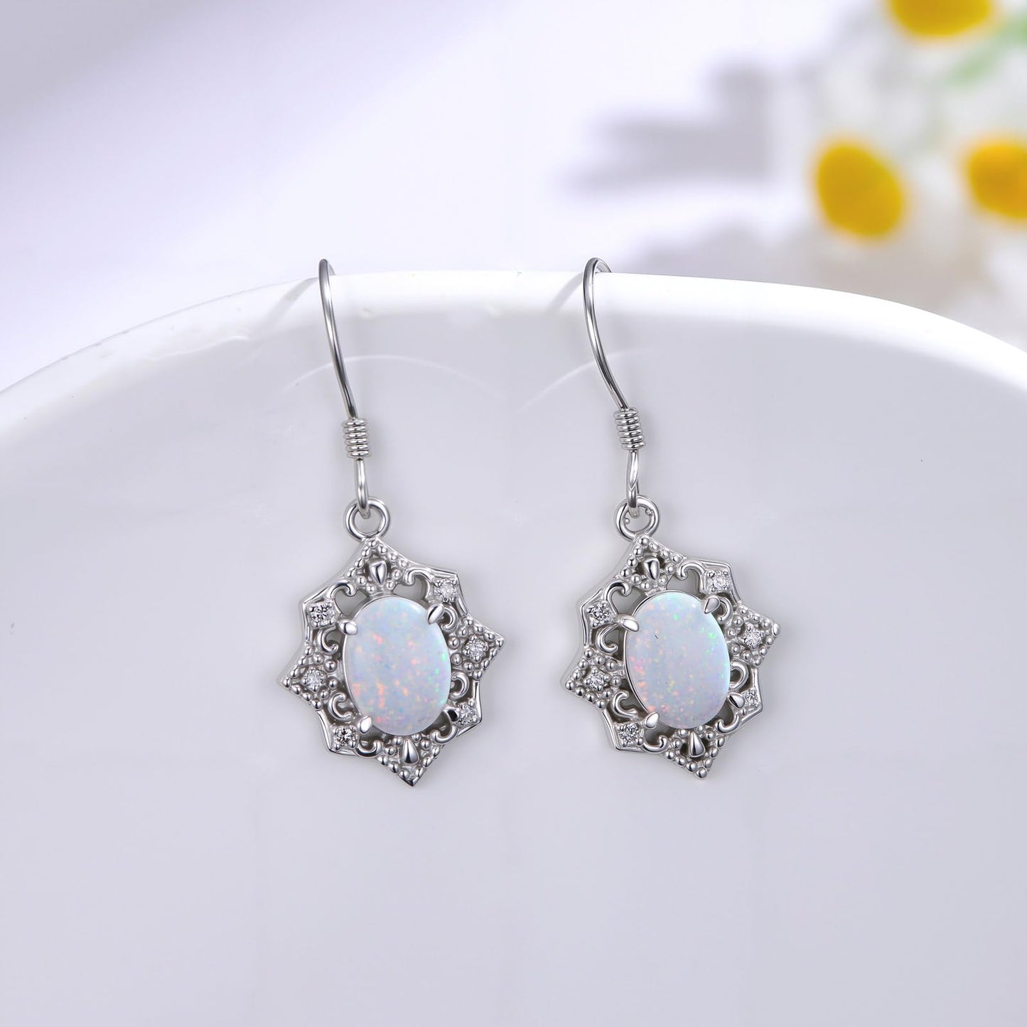 MOTIEL Vintage Opal Dangle Earrings for Women 925 Sterling Silver Genuine Opal Dangle Drop Earrings with Diamond October Birthstone Jewelry Gift for Mother Wife - Style B