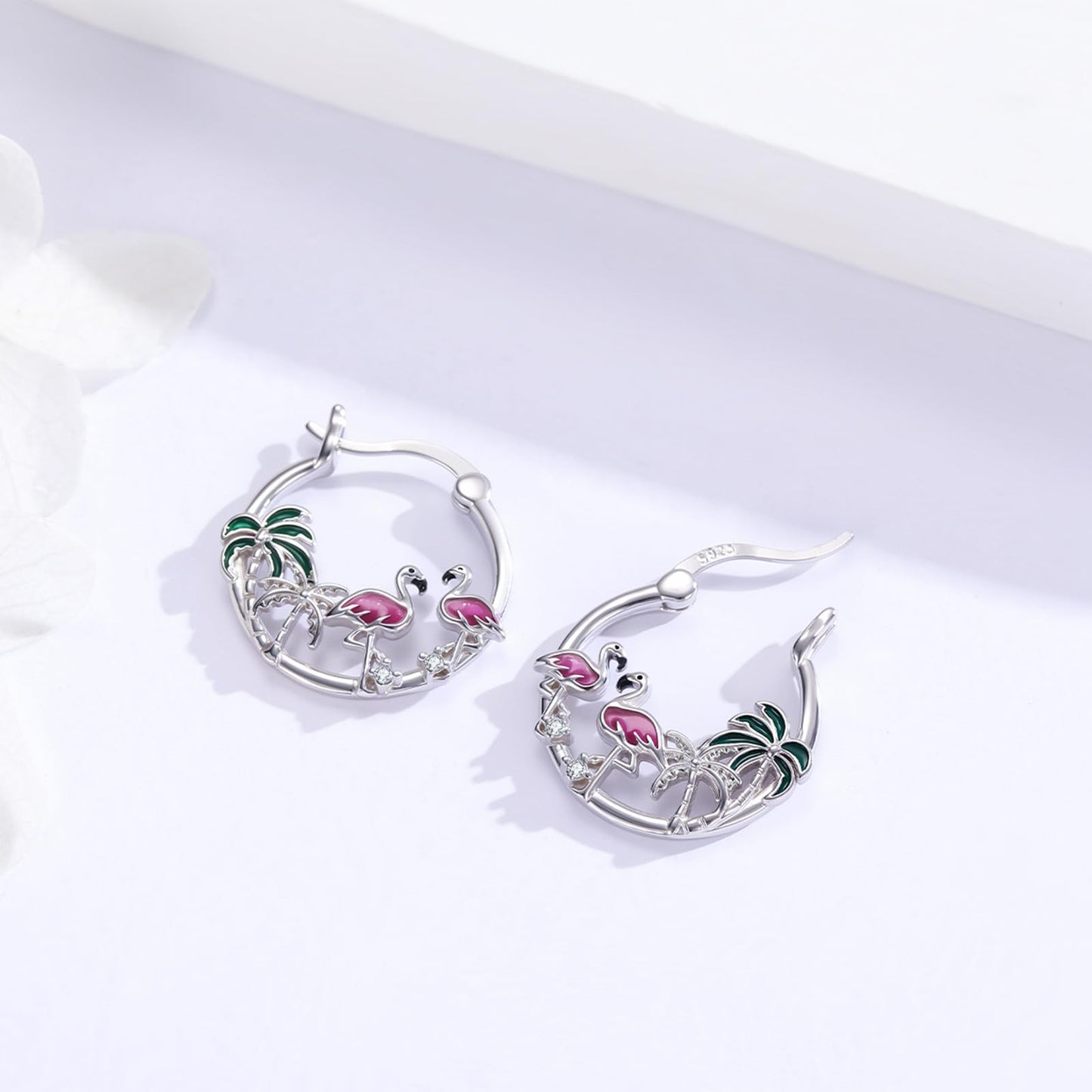 Flamingo Earrings 925 Sterling Silver 2 Pink Bird Hoop Earrings Palm Tree Hawaiian Jewelry Graduation Gifts for Women Daughter Her