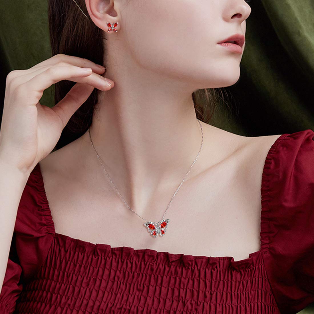 Hipunk Butterfly Red Jewelry Sets Birthstone Women 925 Sterling Silver January-Garnet Birth Stone Animal Butterflies Jewelry Sets/Earring Set Crystal Birthday Jewelry SS0001J