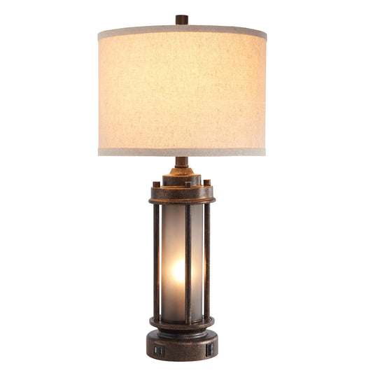 25'' Farmhouse Table Lamp with 2 USB Charging Ports, Rustic Vintage Nightstand Lamp with Frosted Glass Nightlight, Retro Desk Lamp for Living Room Bedroom End Table Entryway, 2 Bulbs Included