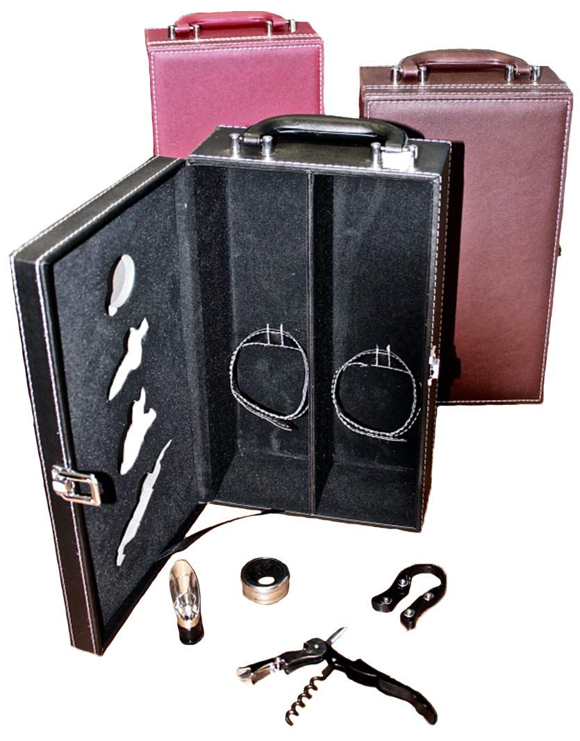 Digilant Lifestyle Top Handle Travel Two-Bottle Wine Carrier Case with 4 Piece Wine Accessory Set (Brown)