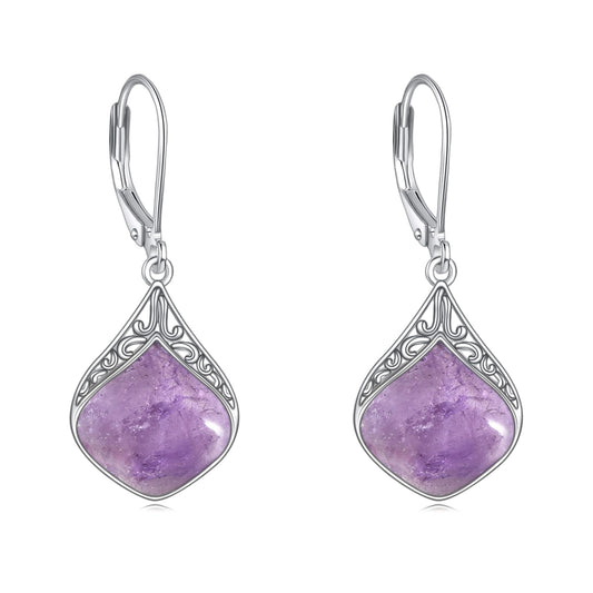 Agate Earrings Sterling Silver Filigree Teardrop Drop Earrings Purple Agate Leverback Earrings Dangles Jewelry Gifts For Women