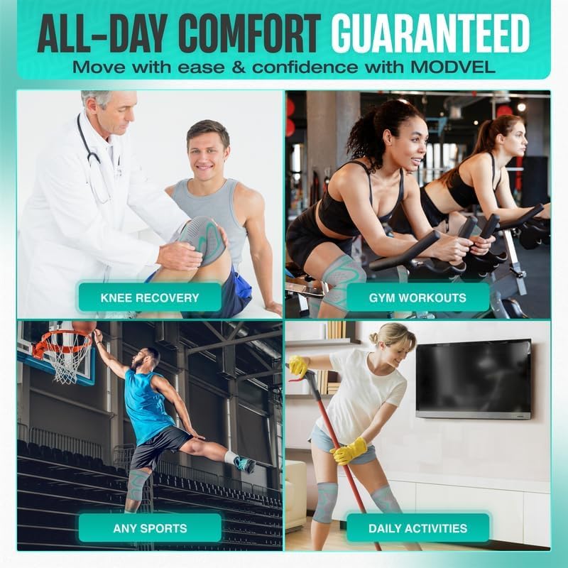 Modvel Compression Knee Brace for Women & Men - 2 Pack Knee Brace for Women Running Knee Pain, Knee Support Sleeve, Workout Sports Braces for Meniscus Tear ACL & Arthritis Pain Relief Grey/Turquoise Small