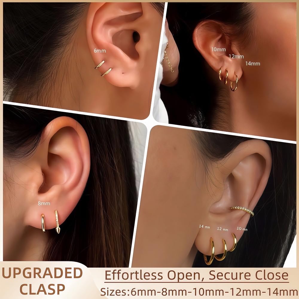 5 Pairs Small Gold Huggie Hoop Earrings Set Women 14K Gold Plated Cartilage Earrings Hypoallergenic Lightweight Stainless Steel Earrings 2nd 3rd Hole Cute Multiple Piercing Stack Jewelry Trendy Gift
