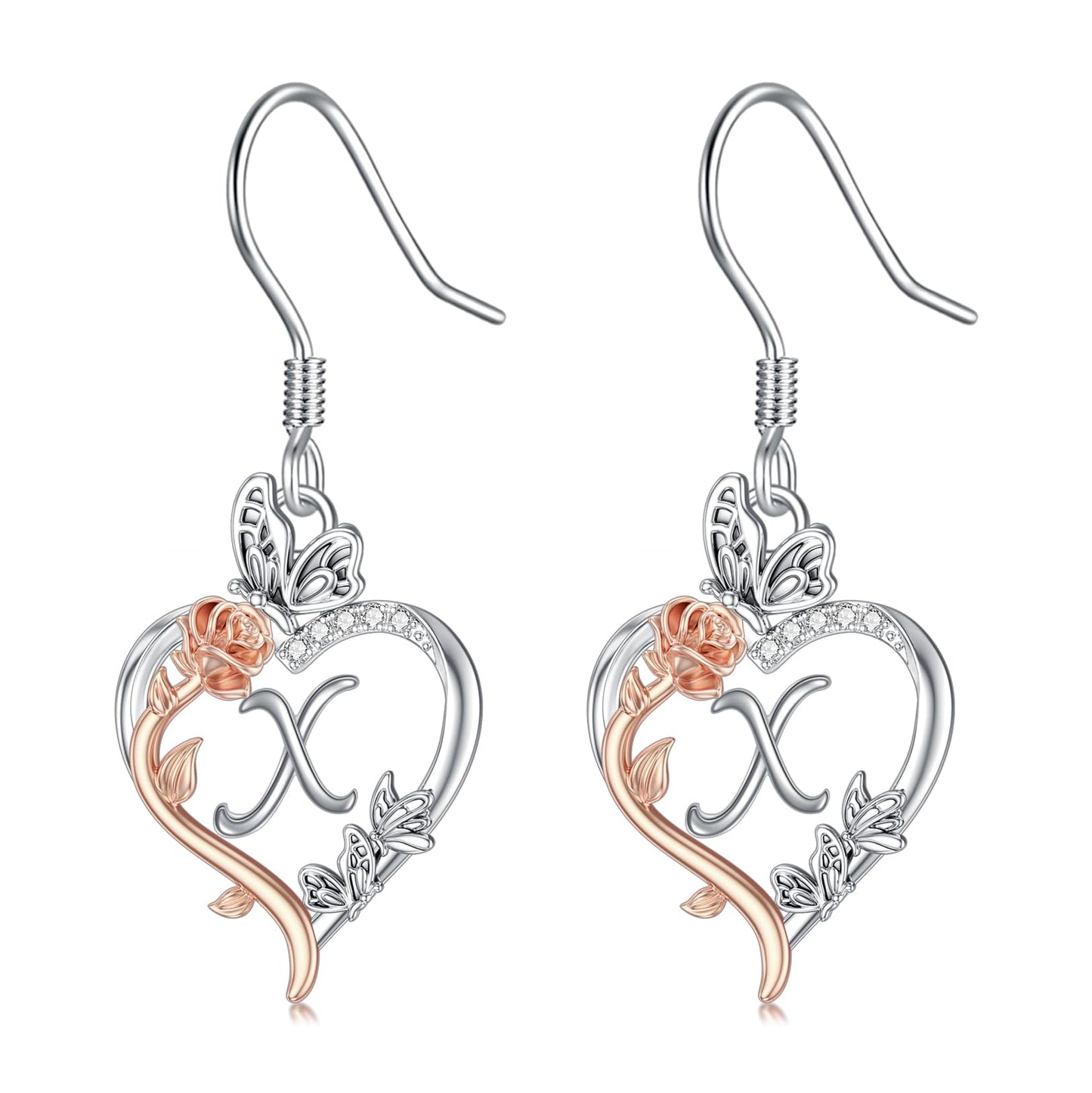 TOUPOP Rose Heart Initial Earrings Sterling Silver Butterfly Earring Initial X Letter Drop Dangle Earrings Jewelry Anniversary Birthday Mothers Day Gifts for Women Mom Wife Girlfriend Her