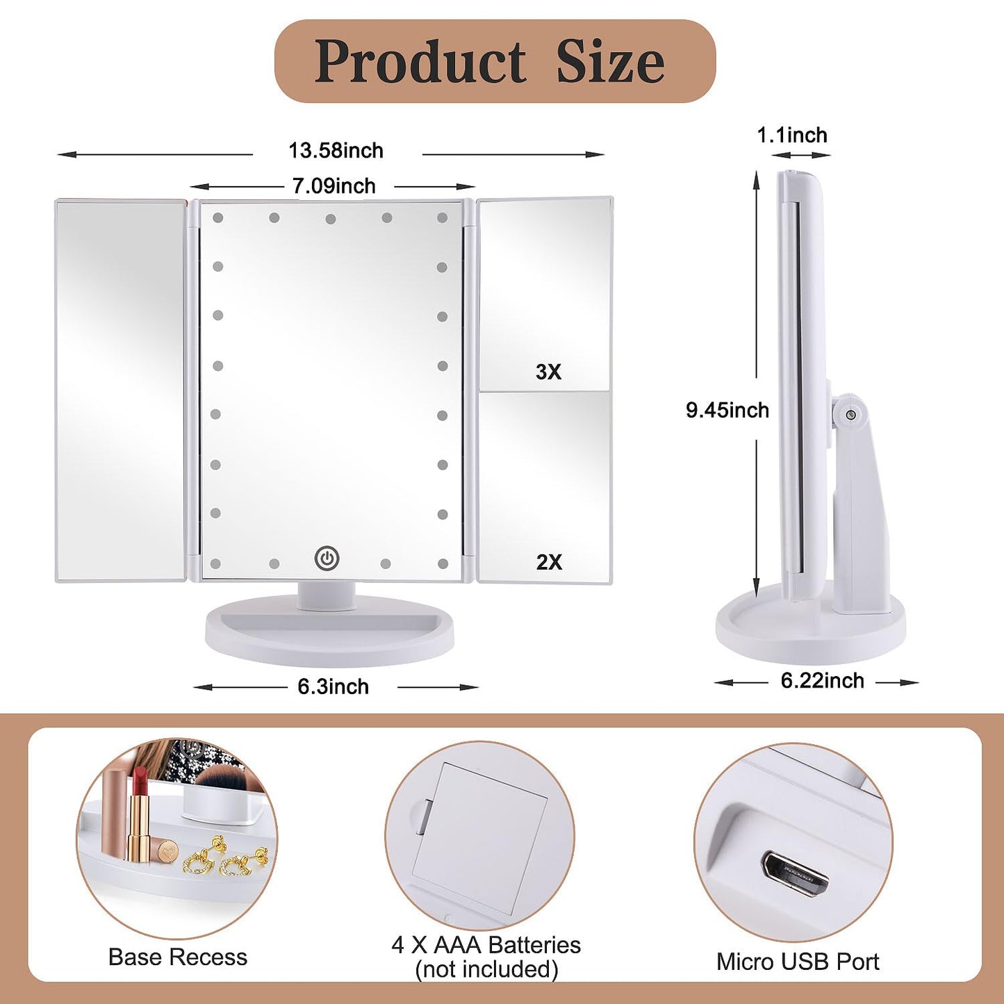 deweisn Floor Mount Tri-Fold Lighted Vanity Mirror with 21 LED Lights, Touch Screen and 3X/2X/1X Magnification, Two Power Supply Modes Make Up Mirror,Travel Mirror