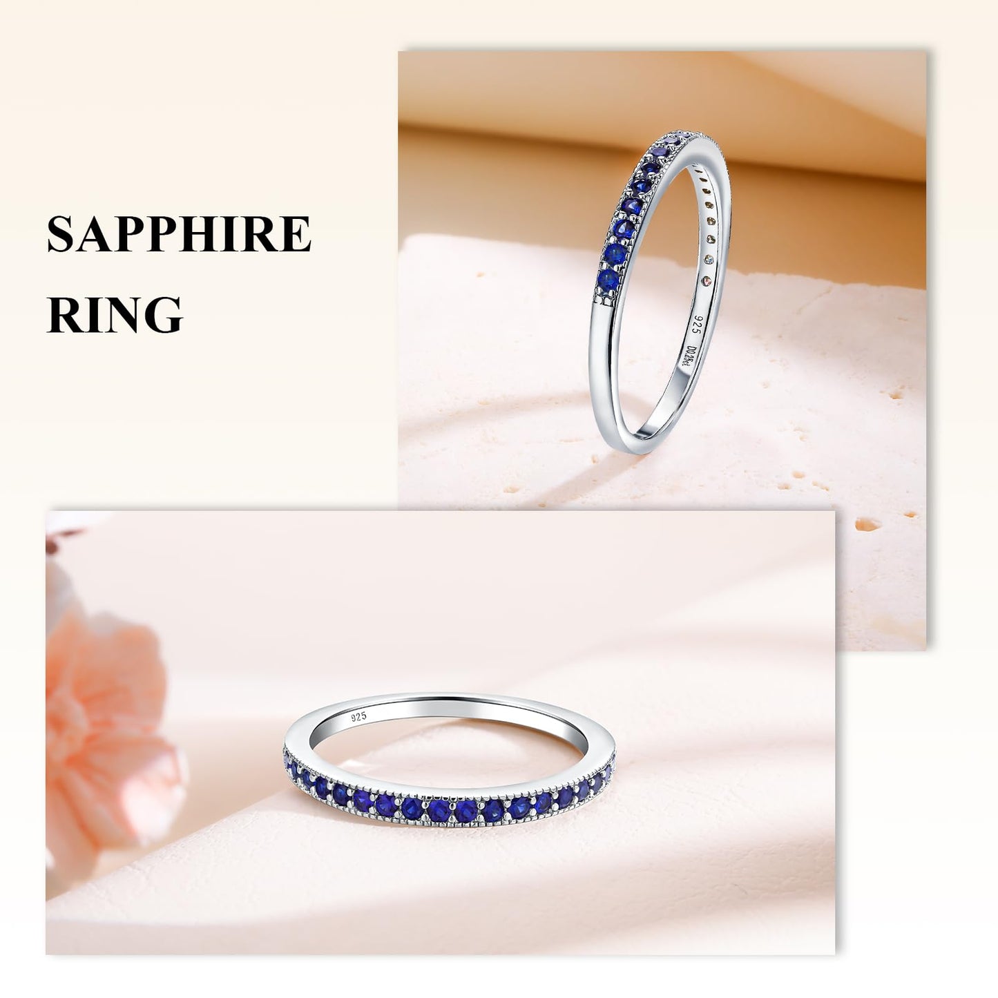 AGRULE Sapphire Eternity Band Stackable Wedding Rings for Men Women Sterling Silver Polished Finish September Birthstone Rings Saphire Ring Size 6