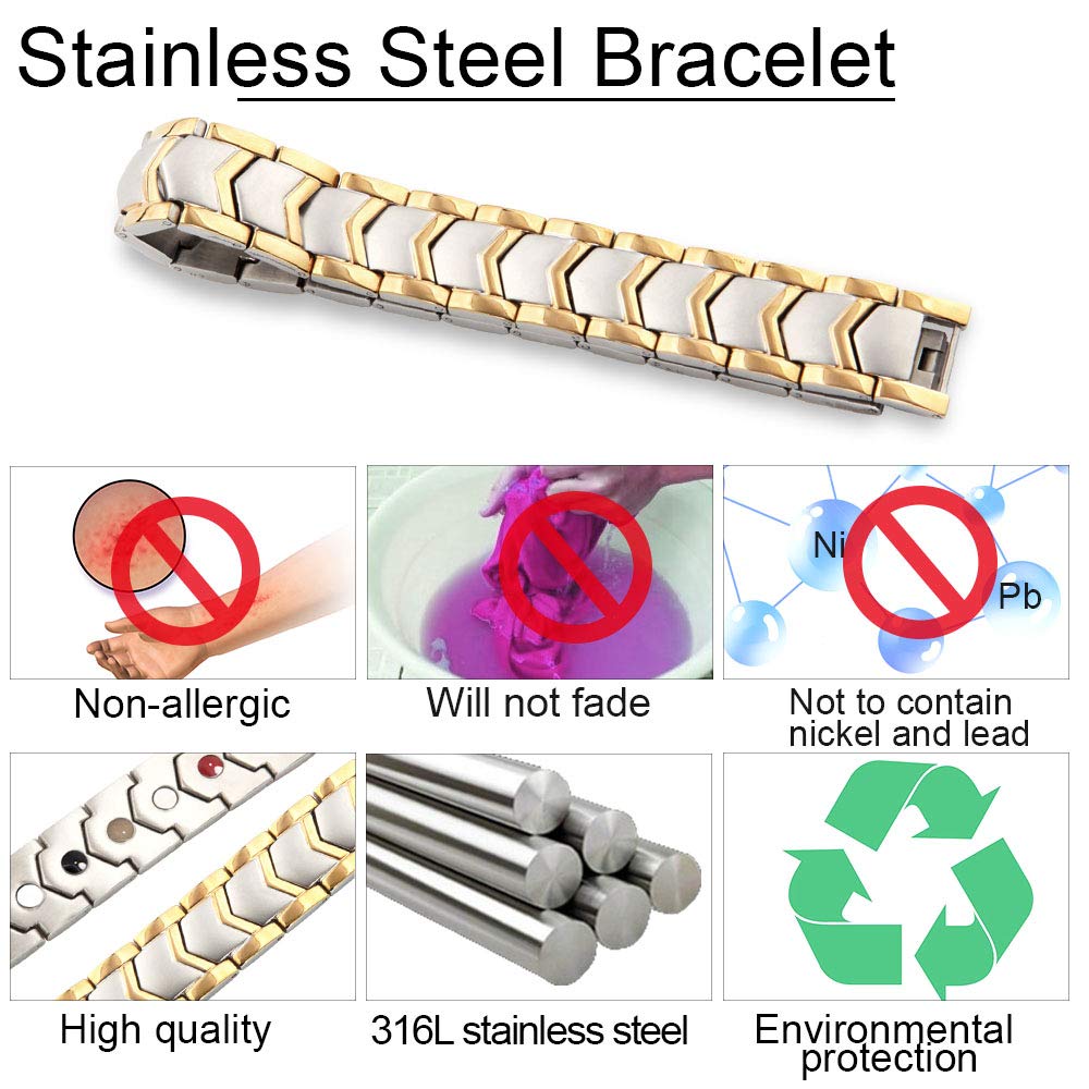 KYOSI Mens Magnetic Bracelet Stainless Steel Link Magnet Jewelry Bracelet Accessories for Men Christmas Gift 8.66 inches (Silver&Gold)