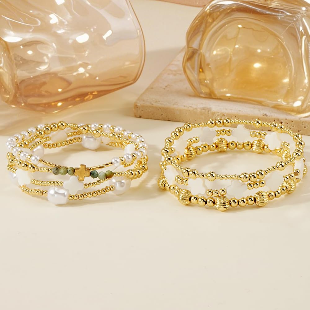 SHINUS BOHO 14K Gold Beaded Blue Clover Stackable Bracelets for Women,7PCS/Set Boho Cross Pearl Beads Stretch Bracelets Stack Fashion Holiday Birthday Prom Jewelry Accessories Gift Friendship Sister