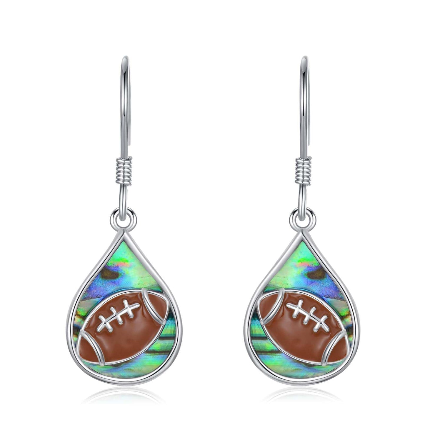 PROESS Abalone Shell Teardrop Football Earrings S925 Sterling Silver Rugby Dangle Earrings for Women Player Fans Sport Athletes Jewelry Gifts