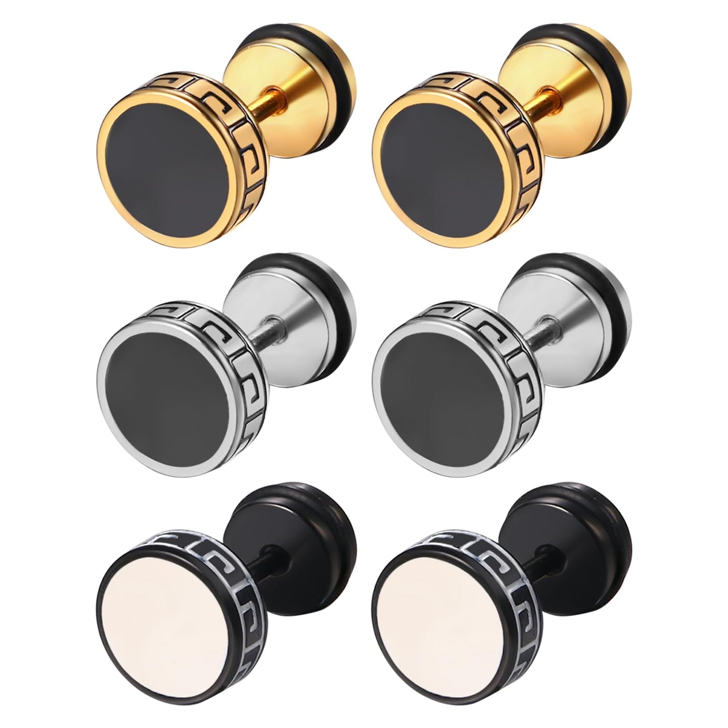 Aroncent Vintage Round Stud Earrings: Stainless Steel Faux Gauges Ear Tunnel 3 Pairs Fake Gauge Fake Earrings Piercing Studs Flat Back Earrings for Men Women