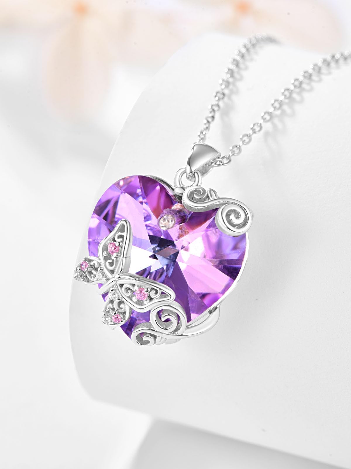 AENEAS Butterfly Necklace 925 Sterling Silver Butterfly Pendant with Love Heart Purple Crystal Butterfly Jewelry Gifts for Lovers Women Wife