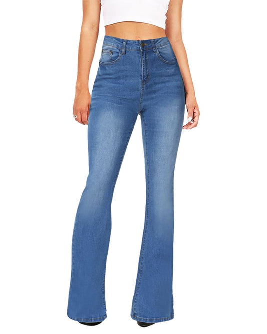 BISUAL Women's Fashion High Rise Jeans Slimming Wide Leg Stretch Denim Flare Bellbottom Jeans (Light Blue, US 8)
