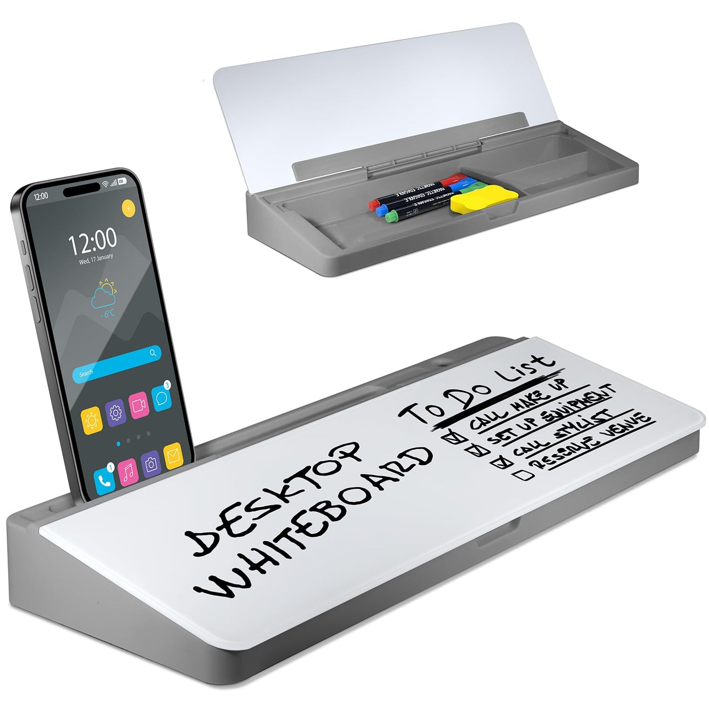 Desktop Whiteboard - Glass Dry Erase White Board - Desk Computer Buddy – Home Office & Studying Essentials - Desktop Pad with Phone & Tablet Slot, Storage Compartment - Includes 4 Markers, 1 Eraser