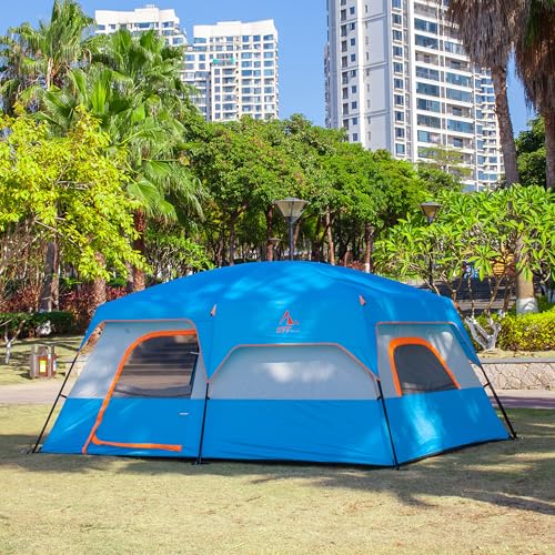 KTT Extra Large Tent 12 Person,Family Cabin Tents,2 Rooms,3 Doors and 3 Windows with Mesh,Straight Wall,Waterproof,Double Layer,Big Tent for Outdoor,Picnic,Camping,Family Gathering(Blue)