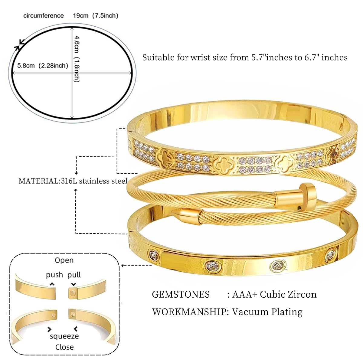 18K Gold Plated Nail Bracelets Set for Women Clovers Bangle Love Bangle Cubic Zirconia Bracelet 3Pcs Stackable Bracelet Set Trendy Gifts for Women