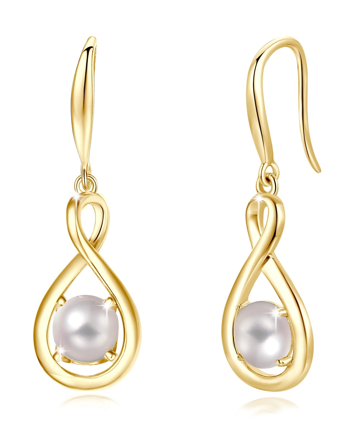 FANCIME White Pearl Dangle Drop Earrings 925 Sterling Silver Yellow Gold Plated Dainty Infinity June Birthstone Earring Fine Jewelry Birthday Mothers Day Gifts for Mom Her Women