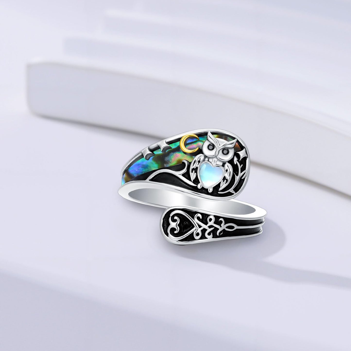 Midari Owl Spoon Rings for Women 925 Sterling Silver Abalone Shell Unique Rings Adjustable Owl Moonstone Rings Open Spoon Thumb Rings Owl Jewelry for Women Men Birthday Christmas Gifts