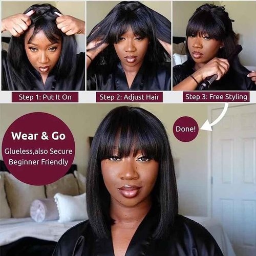 UNICE 14 Inch Yaki Straight Glueless Bob Wig Human Hair with Bangs 2x4 HD Lace Short Black Ready to Wear Blunt Cut Bob Wigs Natural Looking 180% Density
