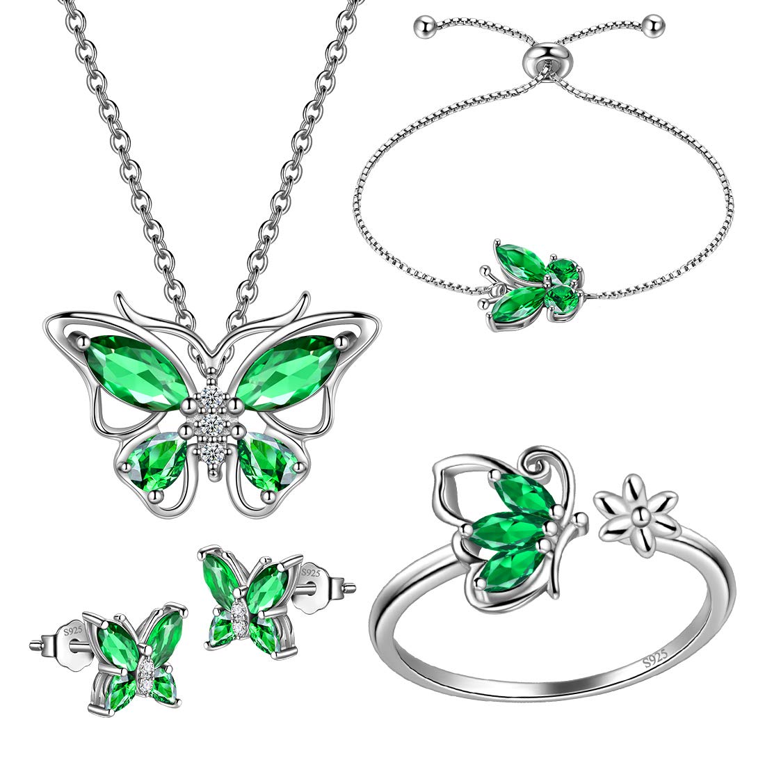 Hipunk Butterfly Green Jewelry Sets Birthstone Women 925 Sterling Silver May-Emerald Birth Stone Animal Butterflies Jewelry Sets/Earring/Ring/Bracelet Set Crystal Birthday Jewelry SS0003G