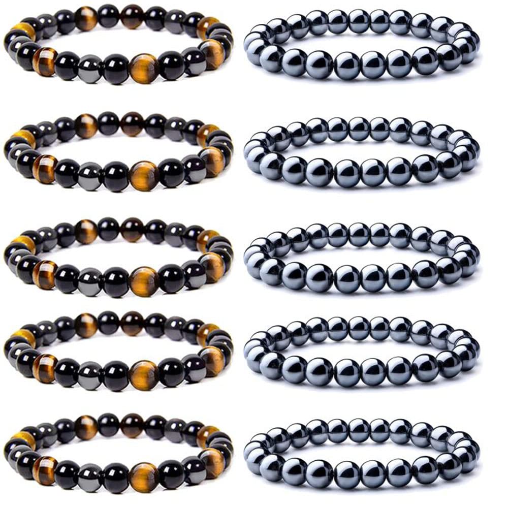 WAINIS 10PCS 8mm Black Hematite Bead Therapy Bracelet For Men Women Stone Bracelet Stress Relieving Triple Protection Anxiety Relief Bracelet Jewelry