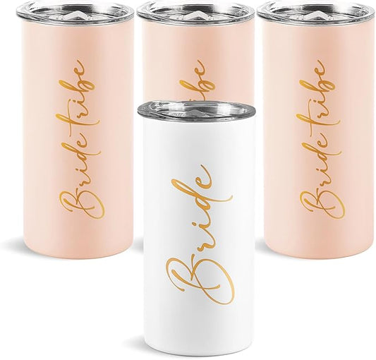 Bride Tribe Gifts Set of 4 Cups Bachelorette Party Favors Wedding Gifts for Bridesmaid Bride Stainless Steel Skinny Tumbler with Lid and Straw 15 OZ Pink
