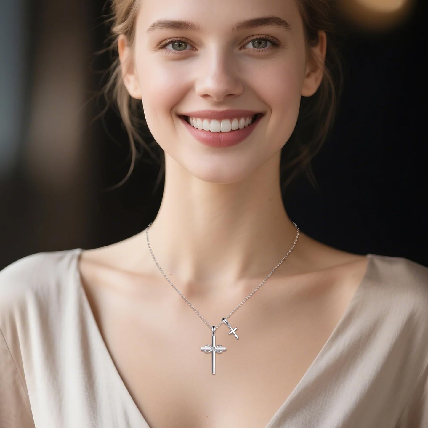 VONALA Valentines Day Infinity Cross Necklace 925 Sterling Silver Double Cross Pendant Necklace Faith Jewelry Religious Gifts for Women