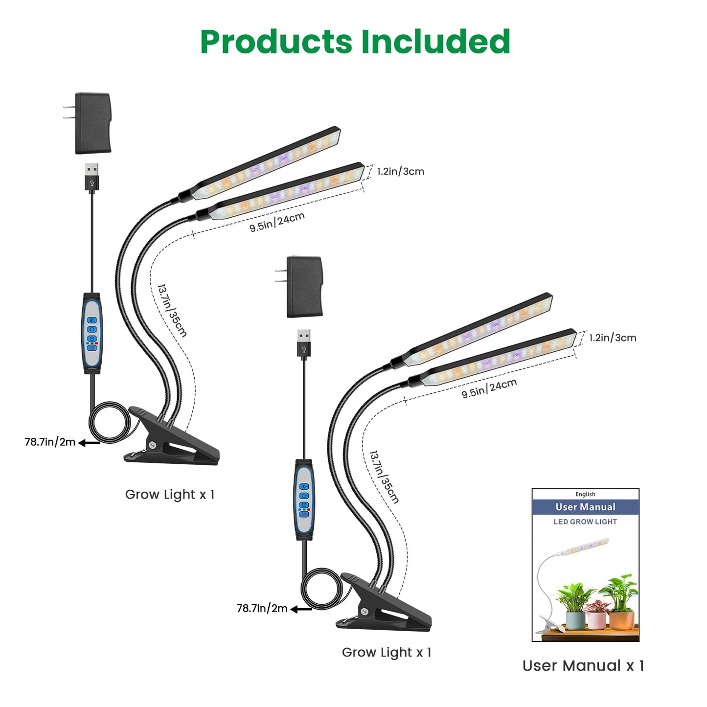 Aumtrly Grow Light Clip on 2 Pack, 228 LED Full Spectrum Plant Lights for Indoor Growing, 2 Head Black Arm Grow Lamp with Gooseneck, 6/12/16H Timer, 5 Dimming, 3 Light Mode