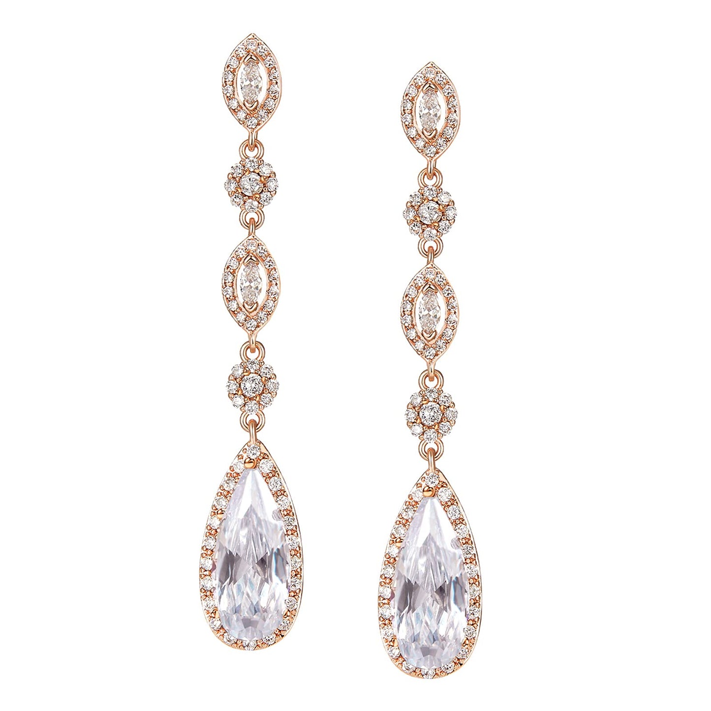 SWEETV Long Pear-Shaped Rose Gold Wedding Birdal Earrings for Brides, Bridesmaids, Crystal Chandelier Dangle Drop Earrings for Women Prom