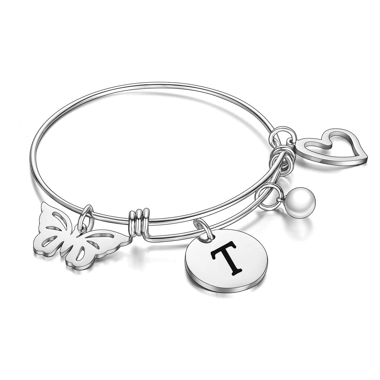 malyunin Initial Bracelet Charm Bracelets Heart Butterfly 26 Letters Alphabet Bracelet for Women Letter Bracelet Personalized Jewelry (T)