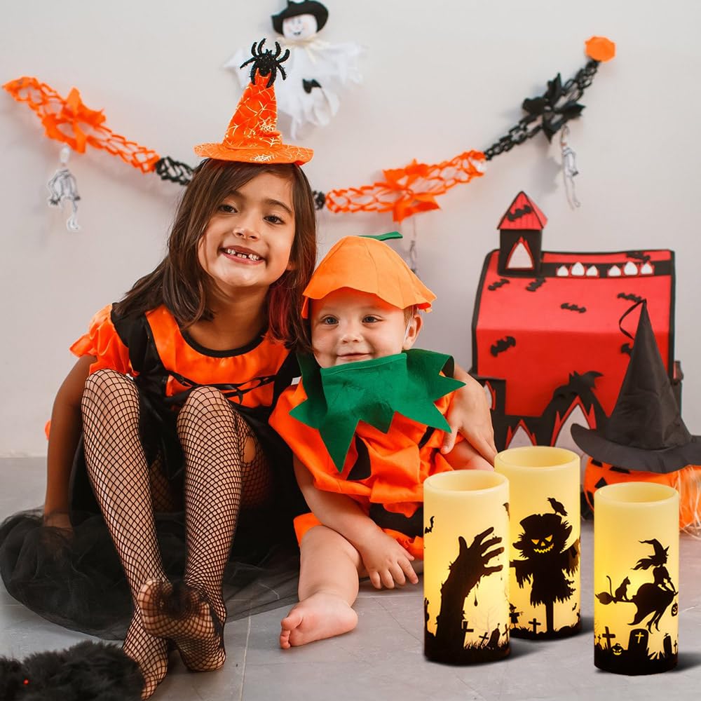 DRomance Halloween LED Flameless Pillar Candles Battery Operated Remote and Timer Real Wax Yellow Light Flickering Scarecrow Witch Ghost Hand Decals Halloween Candles Decoration Gifts(3 x 6 Inches)