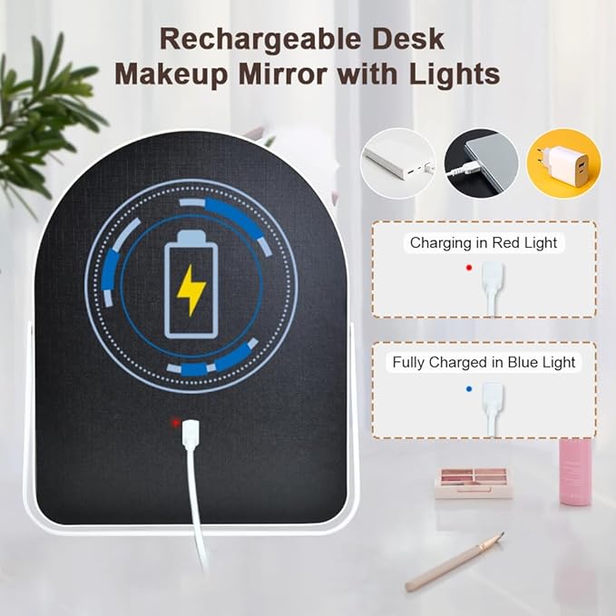 Rechargeable Vanity Mirror with Lights,10"×7.8" Arched LED Makeup Mirror with Lights, Smart Touch Control Dimmable 3 Modes Light up Mirror for Dorm Desk Dressing Room,Gift for Women