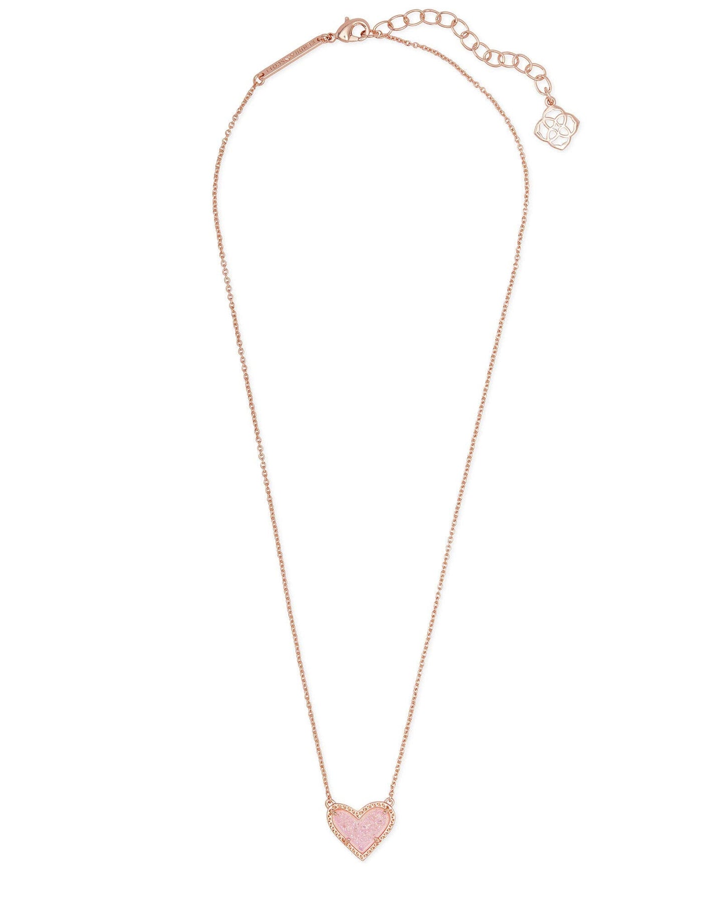 Kendra Scott Ari Heart Adjustable Length Pendant Necklace for Women, Fashion Jewelry, 14k Rose Gold-Plated, Pink Drusy