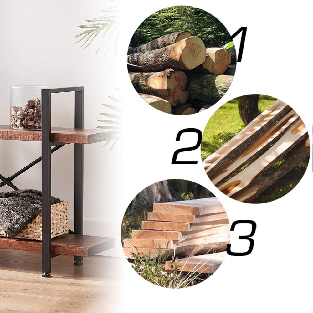 HSH Natural Real Wood Bookshelf, 2 Tier Small Rustic Vintage Industrial Etagere Bookcase, Low Open Metal Farmhouse Solid Wooden Book Shelf, 2 Shelf Bookcase for Living Room Bedroom, Distressed Brown