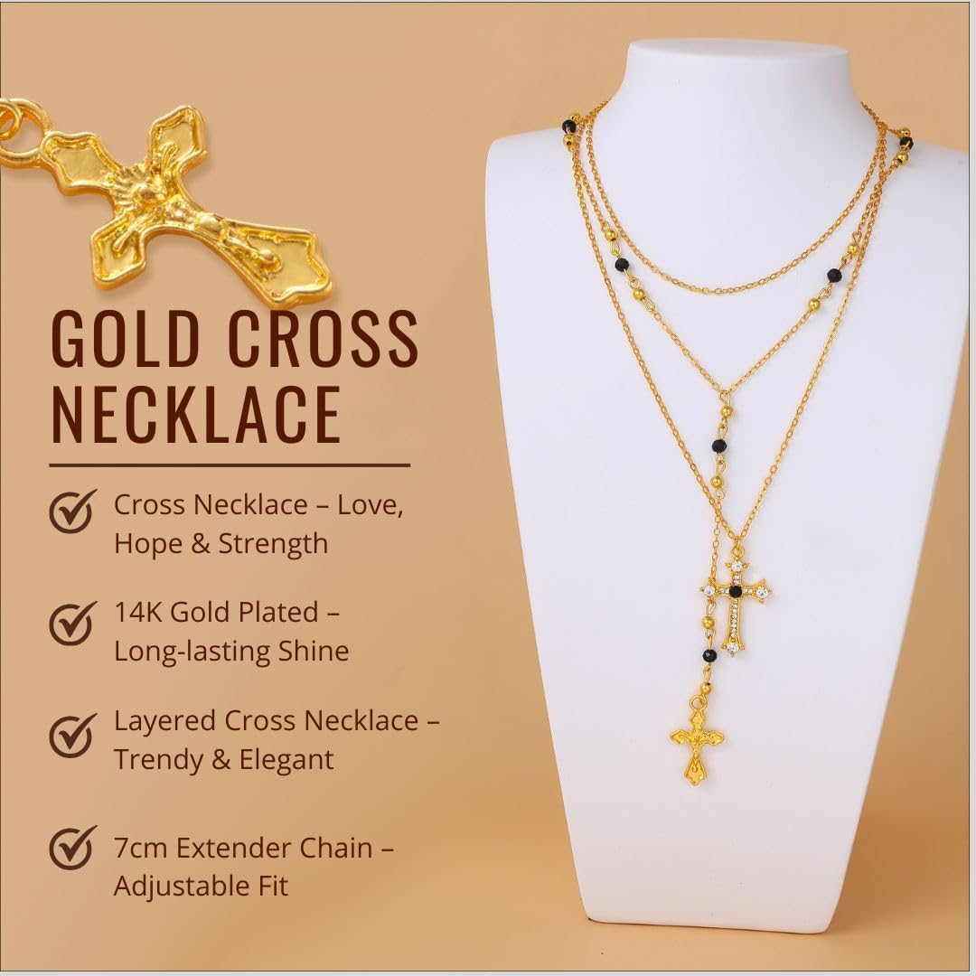 3PCS Layered Gold Cross Necklaces for Women Trendy, Bohemian Bead Pearl Y Long Pendant Necklace Set, Vintage Rosary Necklace Stack Adjustable Length
