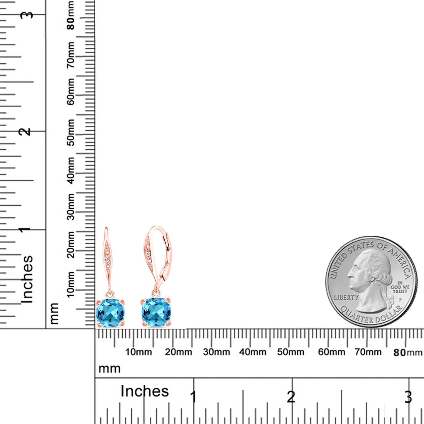 Gem Stone King Drop Dangle Earrings For Women | 7MM Cushion Cut Gemstone Birthstone and Diamond | 925 Sterling Silver | Jewelry Gift for Mom Wife Her | Swiss Blue Topaz-November | Rose Gold