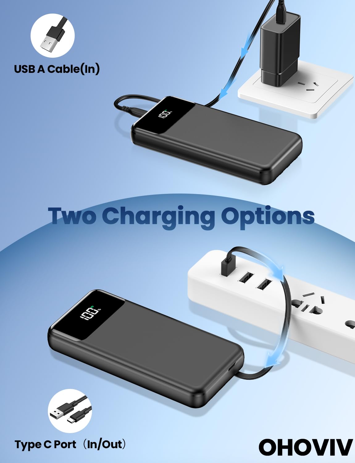 Portable Charger, 50000mAh Power Bank with Built in Cables, 22.5W Fast Charging Battery Pack, Portable Phone Charger for Travel Camping Essential,PowerBank Compatible with iPhone 17/16/15/14-Dark