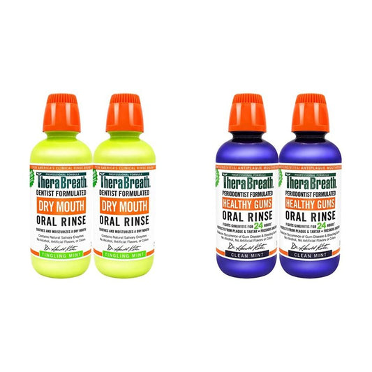 TheraBreath Dry Mouth Oral Rinse, 16 Ounce Bottle (Pack of 2) and 24 Hour Healthy Gums Periodontist Formulated Oral Rinse, 16 Ounce (Pack of 2)