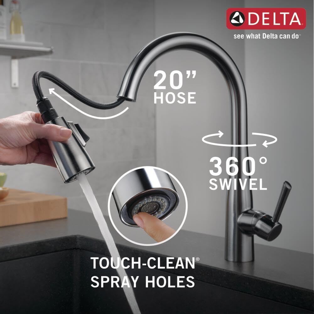 Delta Essa Brushed Nickel Kitchen Faucet with Pull Down Sprayer, Modern Single Hole Kitchen Sink Faucet, Single Handle, Arctic Stainless 9113-AR-DST
