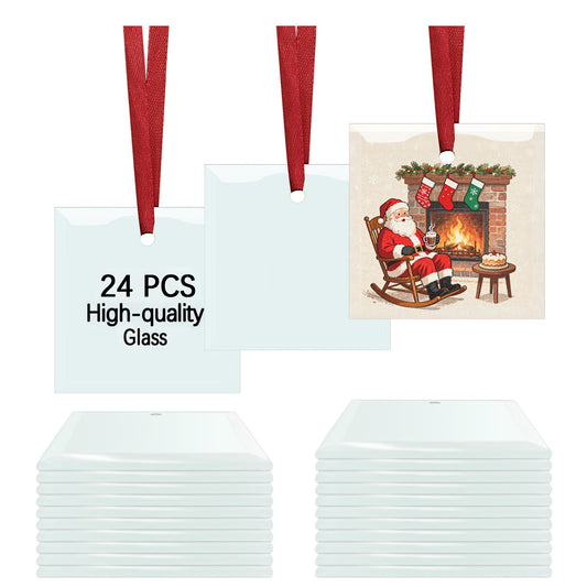 24 PCS Glass Sublimation Blanks Ornament Sublimated Glass Square 3 Inch with Red Ribbons,Personalized Christmas Ornaments